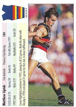 1993 Select AFL #184 Matthew Liptak Back